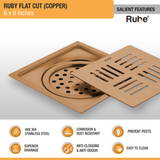 Ruby Square Flat Cut Floor Drain in Antique Copper PVD Coating (6 x 6 Inches features