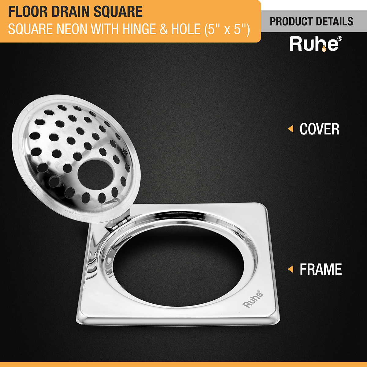 Square Neon Floor Drain (5 x 5 inches) with Hole and Hinged Grating Top - by Ruhe®