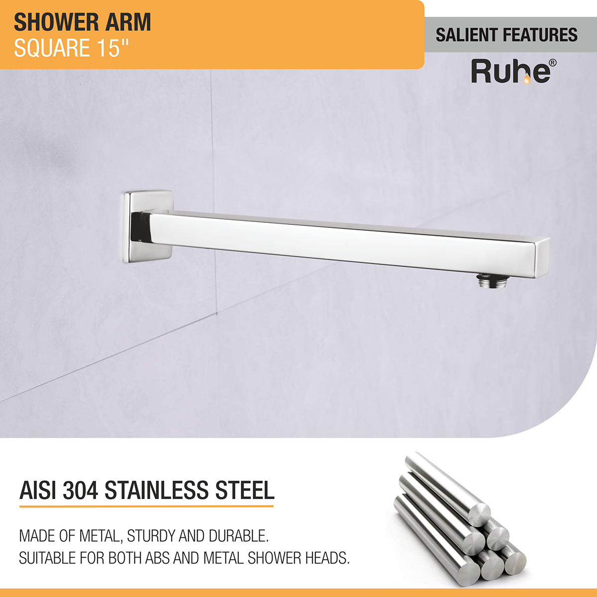 Square 304-Grade Shower Arm (15 Inches) with Flange features and benefits
