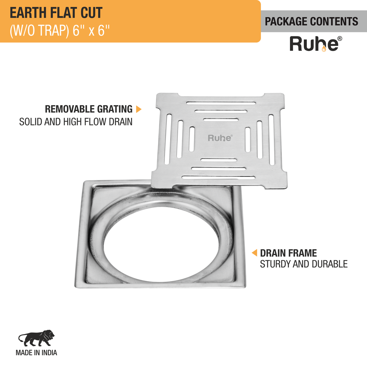 Earth Square Premium Flat Cut Floor Drain (6 x 6 Inches) - by Ruhe®