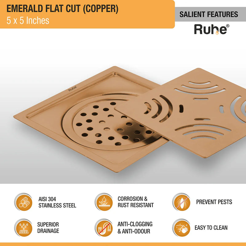 Emerald Square Flat Cut Floor Drain in Antique Copper PVD Coating (5 x 5 Inches) - by Ruhe