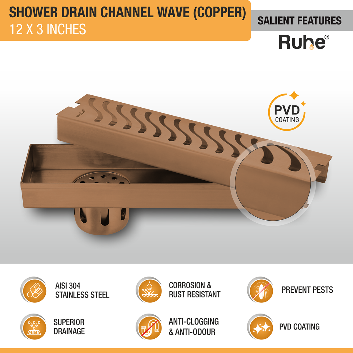 Wave Shower Drain Channel (12 x 3 Inches) ROSE GOLD PVD Coated - by Ruhe®