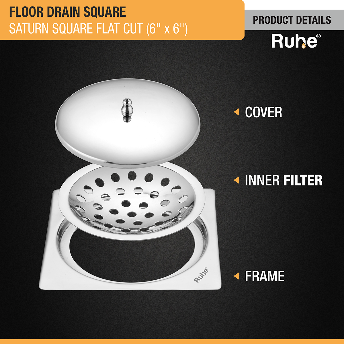 Saturn Square Flat Cut Floor Drain (6 x 6 Inches) with Lid - by Ruhe®