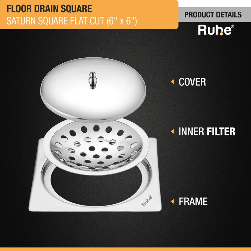 Saturn Square Flat Cut Floor Drain (6 x 6 Inches) with Lid - by Ruhe