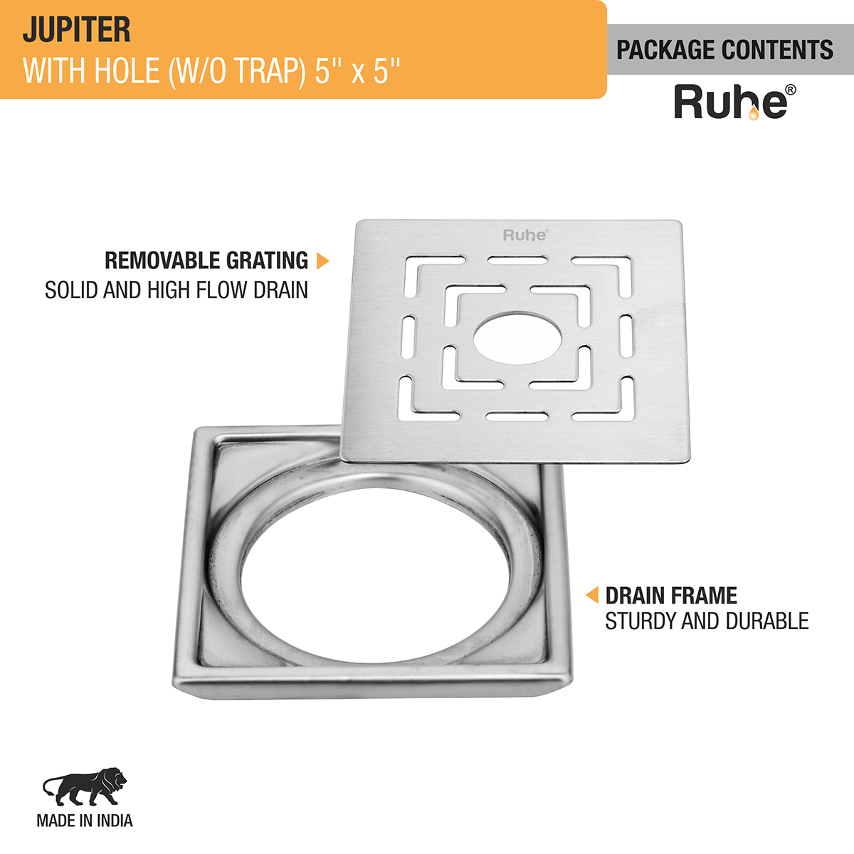 Jupiter Square Premium Floor Drain (5 x 5 Inches) with Hole - by Ruhe®