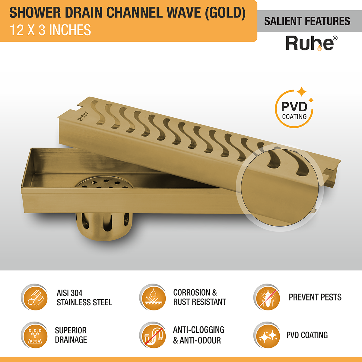 Wave Shower Drain Channel (12 x 3 Inches) YELLOW GOLD features