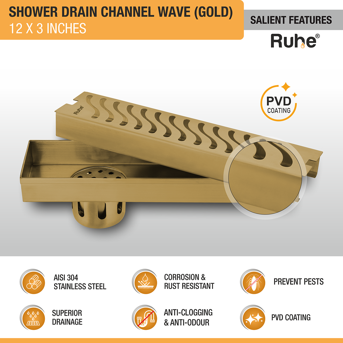 Wave Shower Drain Channel (12 x 3 Inches) YELLOW GOLD PVD Coated - by Ruhe®