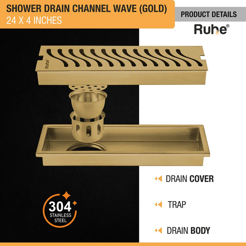 Wave Shower Drain Channel (24 x 4 Inches) YELLOW GOLD PVD Coated - by Ruhe