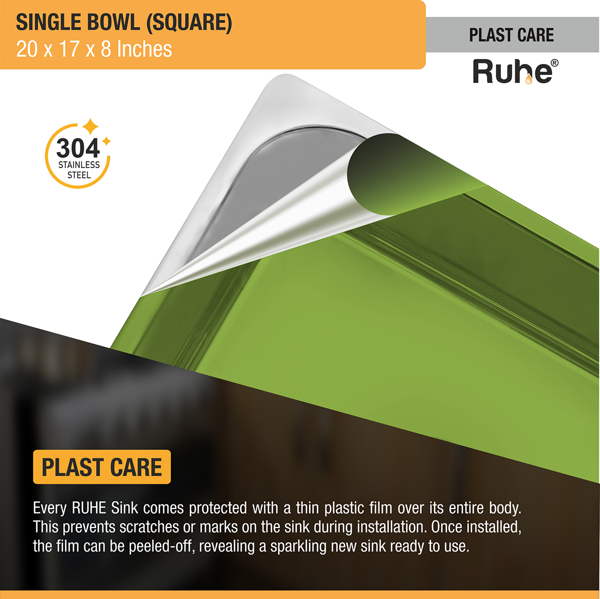 Square Single Bowl (20 x 17 x 8 inches) 304-Grade Kitchen Sink plast care