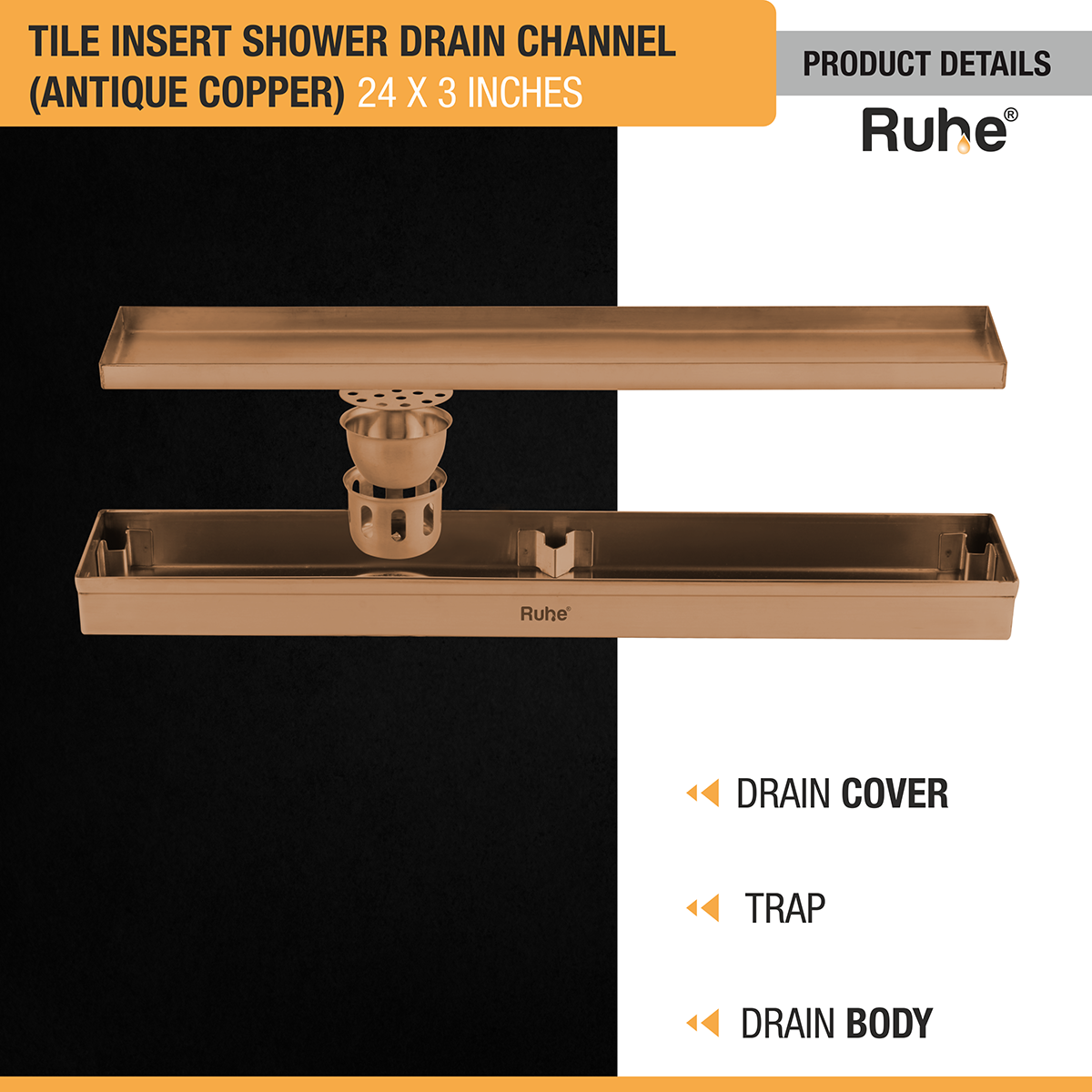 Tile Insert Shower Drain Channel (24 x 3 Inches) ROSE GOLD PVD Coated - by Ruhe®