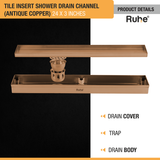 Tile Insert Shower Drain Channel (24 x 3 Inches) ROSE GOLD PVD Coated with drain cover, trap, and drain body