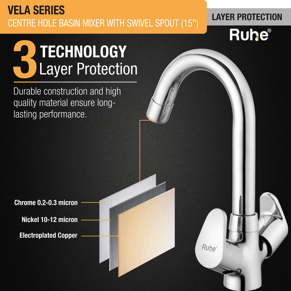 Vela Centre Hole Basin Mixer with Medium (15 inches) Round Swivel Spout Faucet protection