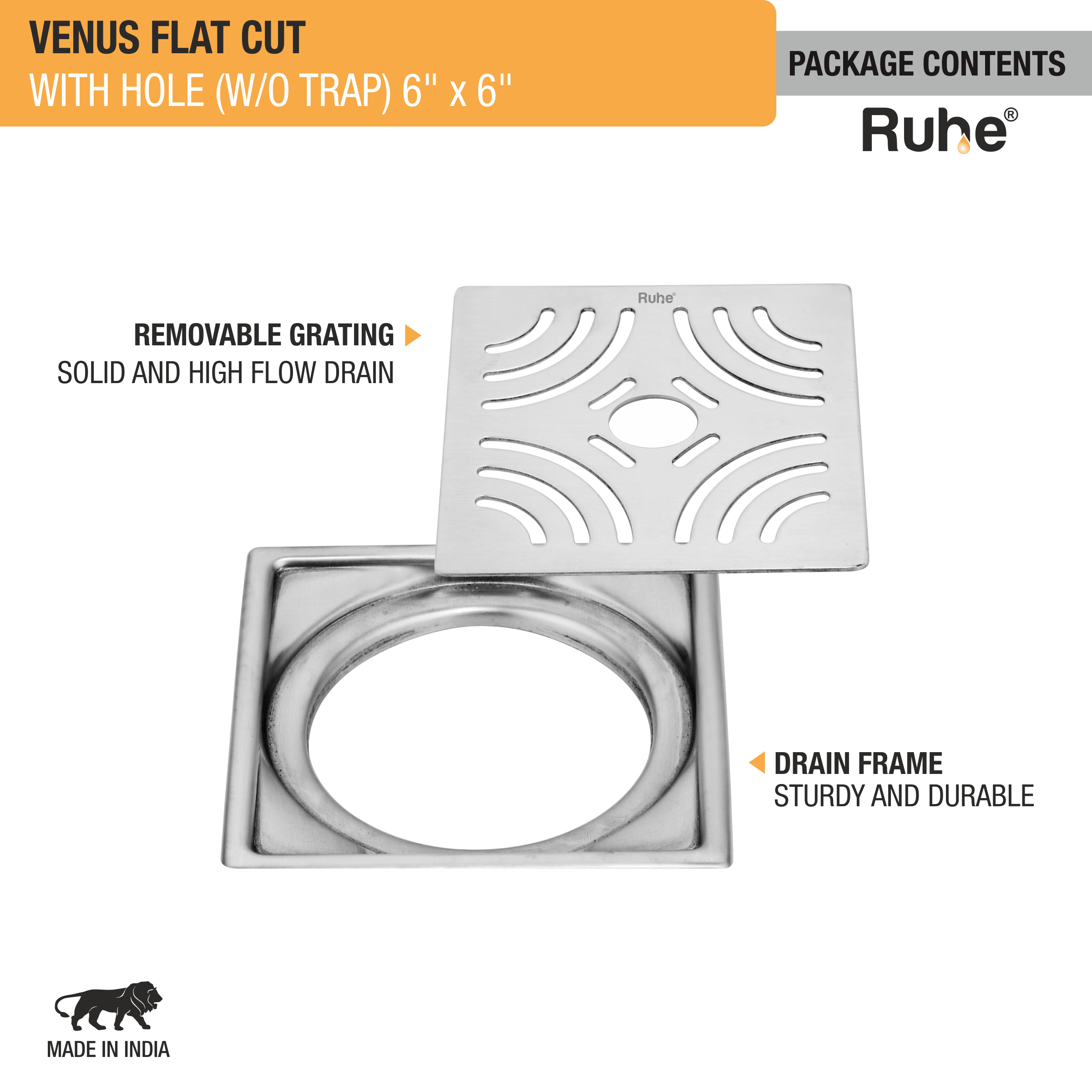 Venus Square Premium Flat Cut Floor Drain (6 x 6 Inches) with Hole package content
