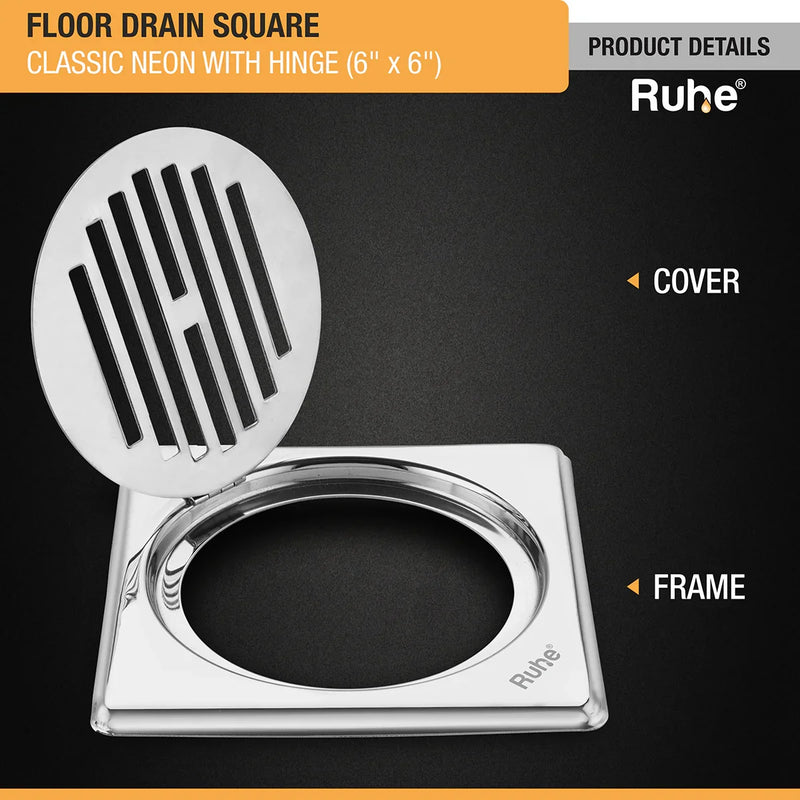 Classic Neon Floor Drain (6 x 6 inches) with Hinged Grating Top - by Ruhe