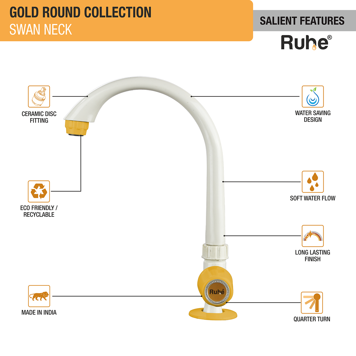 Gold Round PTMT Swan Neck with Swivel Spout Faucet features
