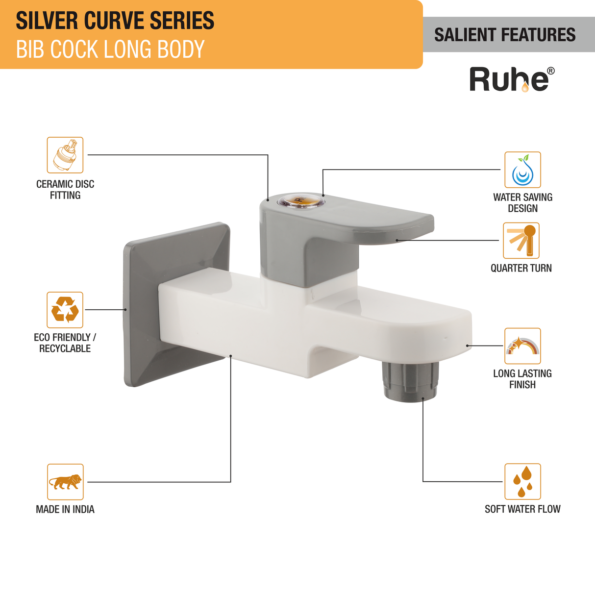 Silver Curve Bib Tap Long Body PTMT Faucet - by Ruhe®