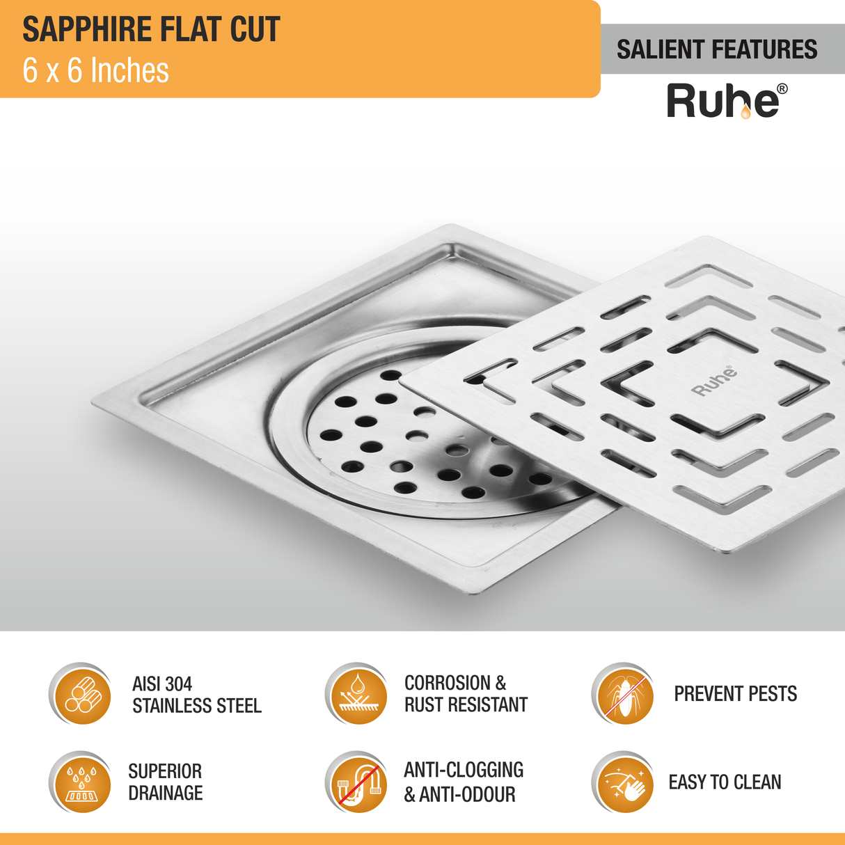 Sapphire Square Flat Cut 304-Grade Floor Drain with Cockroach Trap (6 x 6 Inches) - by Ruhe