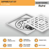 Sapphire Floor Drain Square Flat Cut (6 x 6 Inches) with Cockroach Trap (304 Grade) features