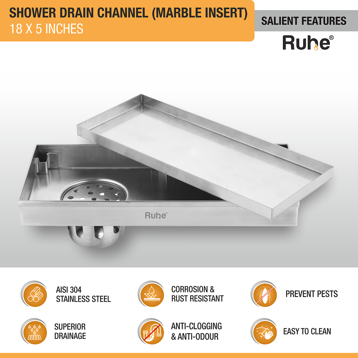 Marble Insert Shower Drain Channel (18 x 5 Inches) with Cockroach Trap (304 Grade) - by Ruhe®