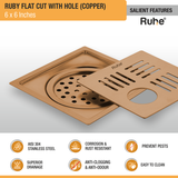 Ruby Square Flat Cut Floor Drain in Antique Copper PVD Coating (6 x 6 Inches) with Hole features