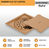 Diamond Square Flat Cut Floor Drain in Antique Copper PVD Coating (5 x 5 Inches) features