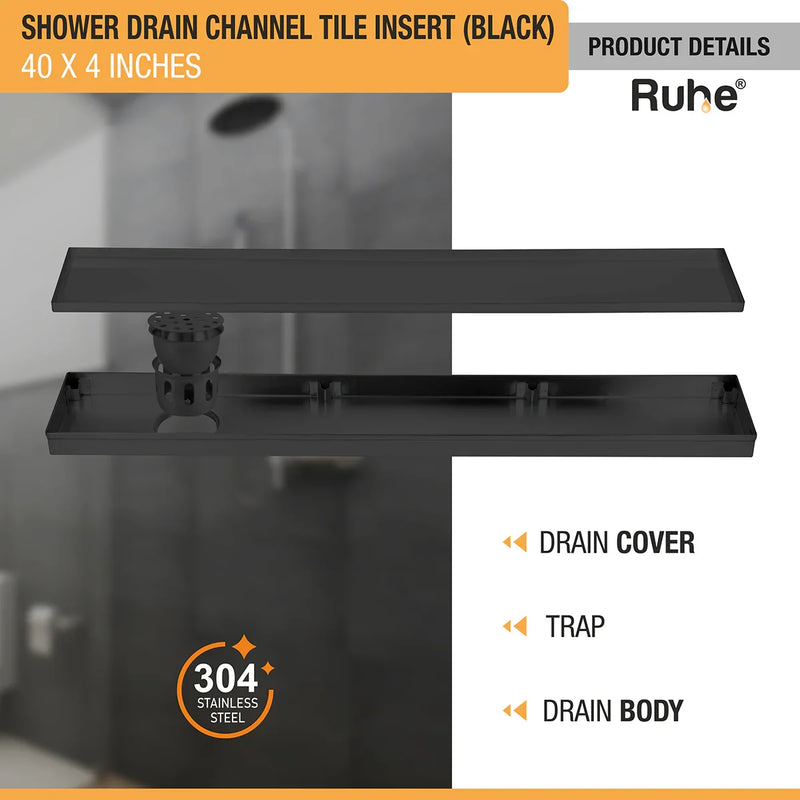 Tile Insert Shower Drain Channel (40 x 4 Inches) Black PVD Coated - by Ruhe
