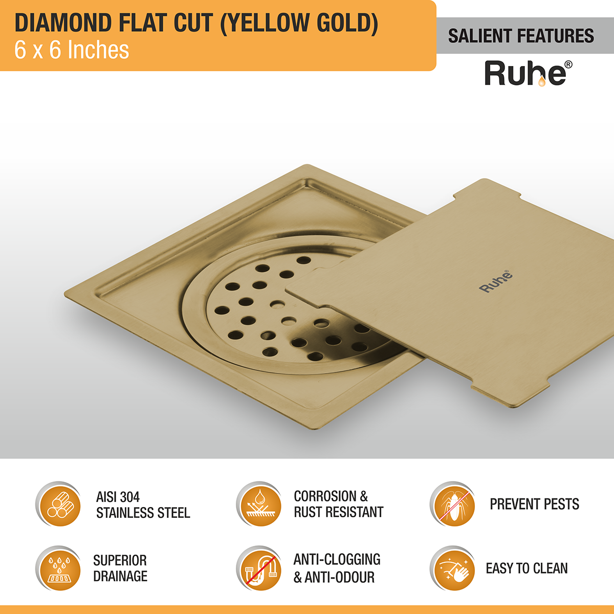 Diamond Square Flat Cut Floor Drain in Yellow Gold PVD Coating (6 x 6 Inches) - by Ruhe®