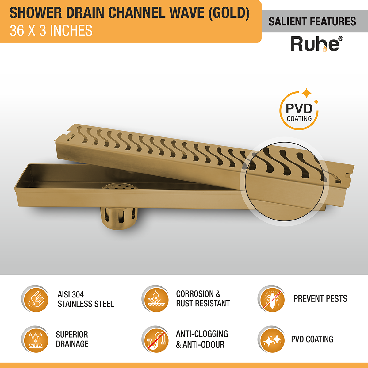 Wave Shower Drain Channel (36 x 3 Inches) YELLOW GOLD PVD Coated - by Ruhe®