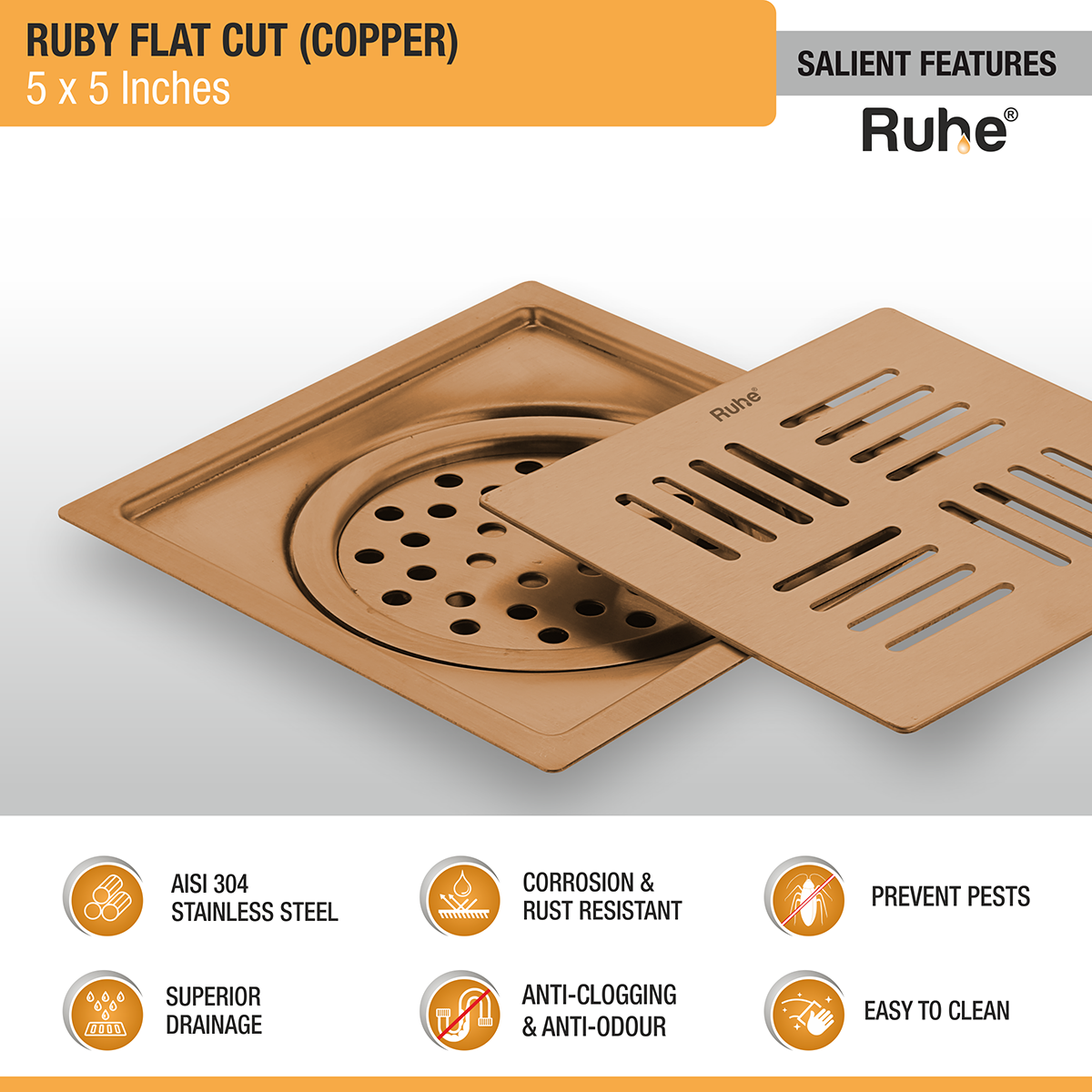 Ruby Square Flat Cut Floor Drain in Antique Copper PVD Coating (5 x 5 Inches) features