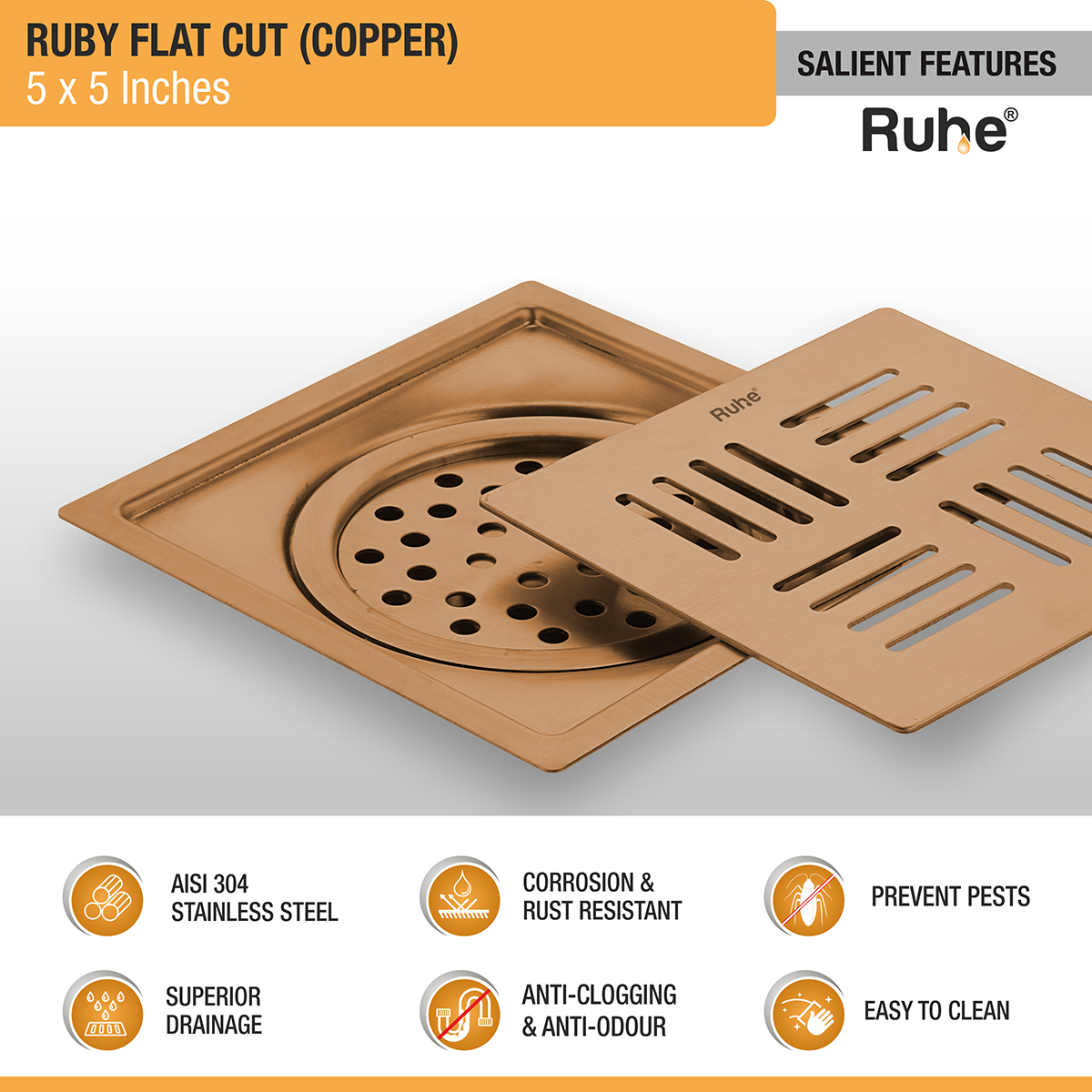 Ruby Square Flat Cut Floor Drain in Antique Copper PVD Coating (5 x 5 Inches) - by Ruhe®