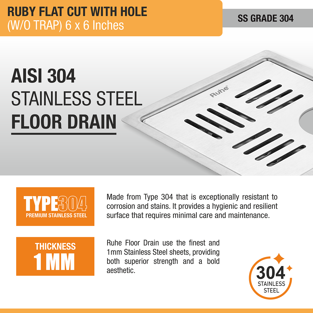 Ruby Square Flat Cut 304-Grade Floor Drain with Hole (6 x 6 Inches) stainless steel