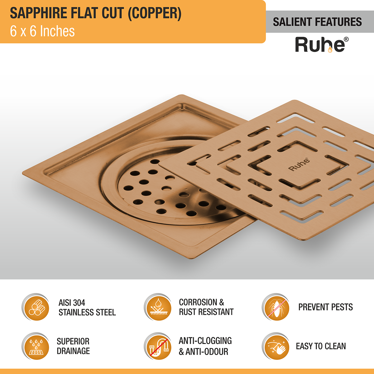 Sapphire Square Flat Cut Floor Drain in Antique Copper PVD Coating (6 x 6 Inches) features