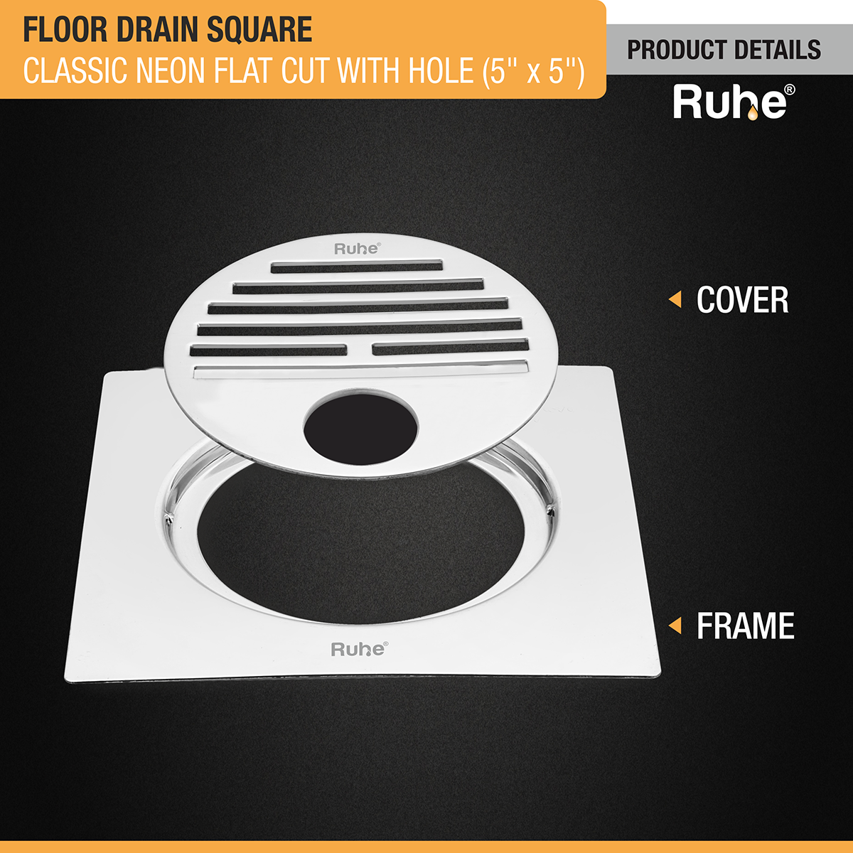 Classic Neon Square Flat Cut Floor Drain (5 x 5 inches) with Hole - by Ruhe®