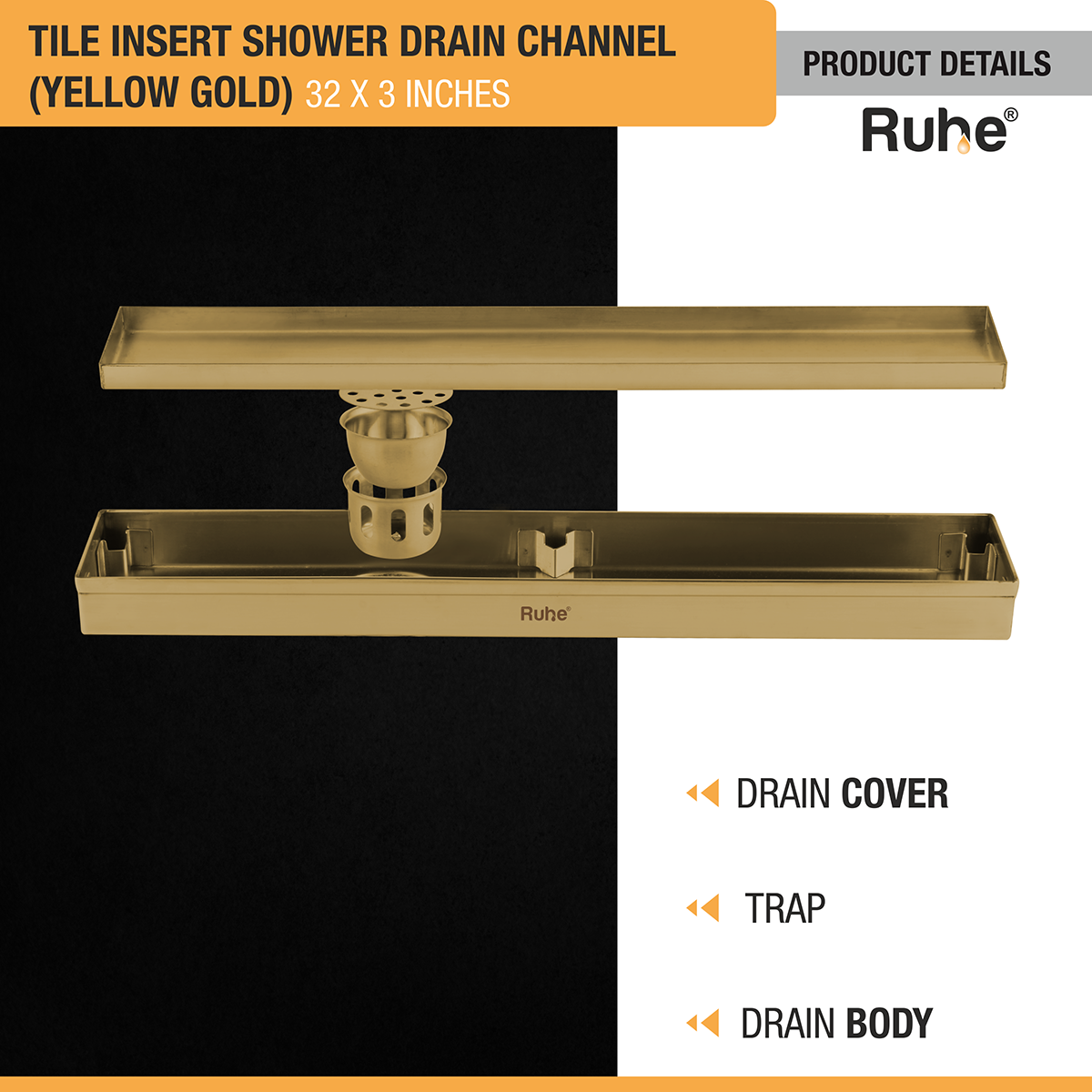 Tile Insert Shower Drain Channel (32 x 3 Inches) YELLOW GOLD PVD Coated - by Ruhe®