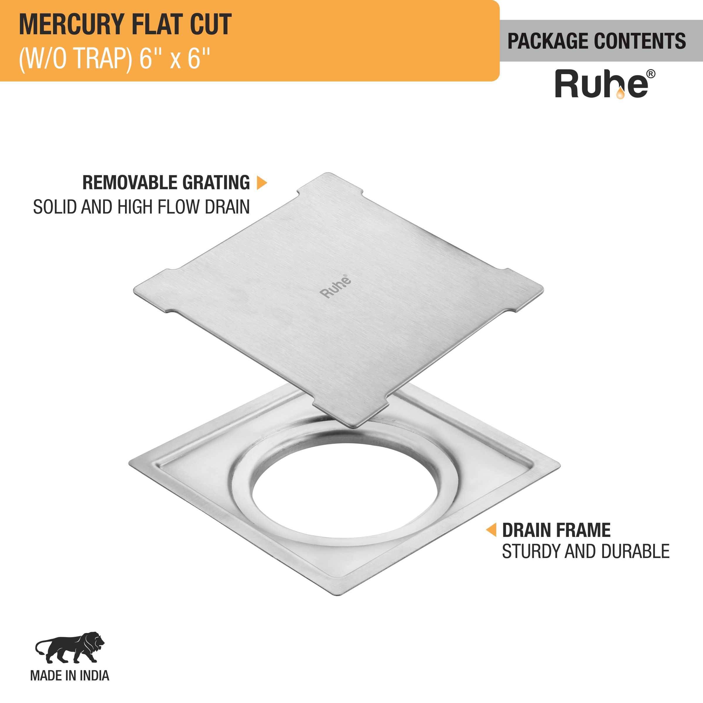 Mercury Square Premium Flat Cut Floor Drain (6 x 6 Inches) package contents