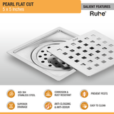 Pearl Floor Drain Square Flat Cut (5 x 5 Inches) with Cockroach Trap (304 Grade) features