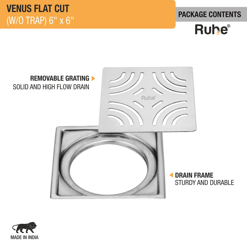 Venus Square Premium Flat Cut Floor Drain (6 x 6 Inches) - by Ruhe
