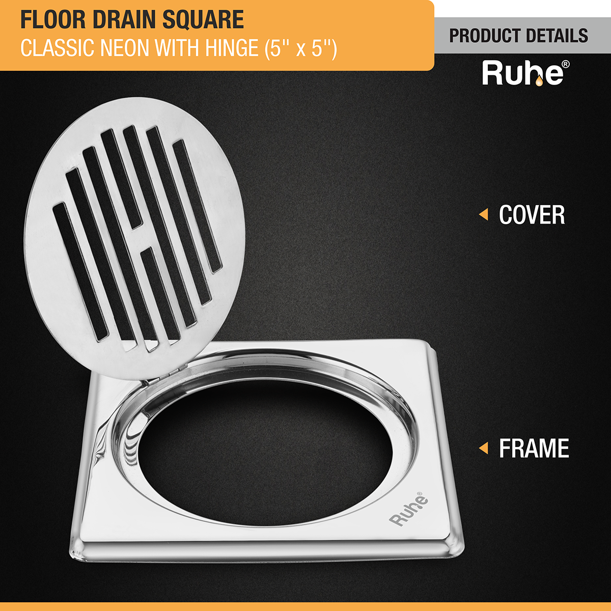 Classic Neon Floor Drain (5 x 5 inches) with Hinged Grating Top - by Ruhe ®