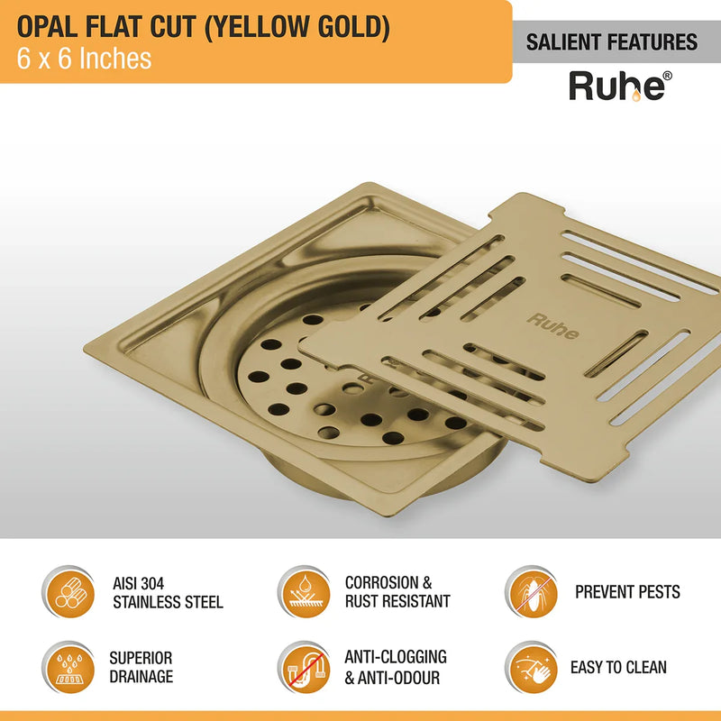 Opal Square Flat Cut Floor Drain in Yellow Gold PVD Coating (6 x 6 Inches) - by Ruhe