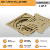 Opal Square Flat Cut Floor Drain in Yellow Gold PVD Coating (6 x 6 Inches) features