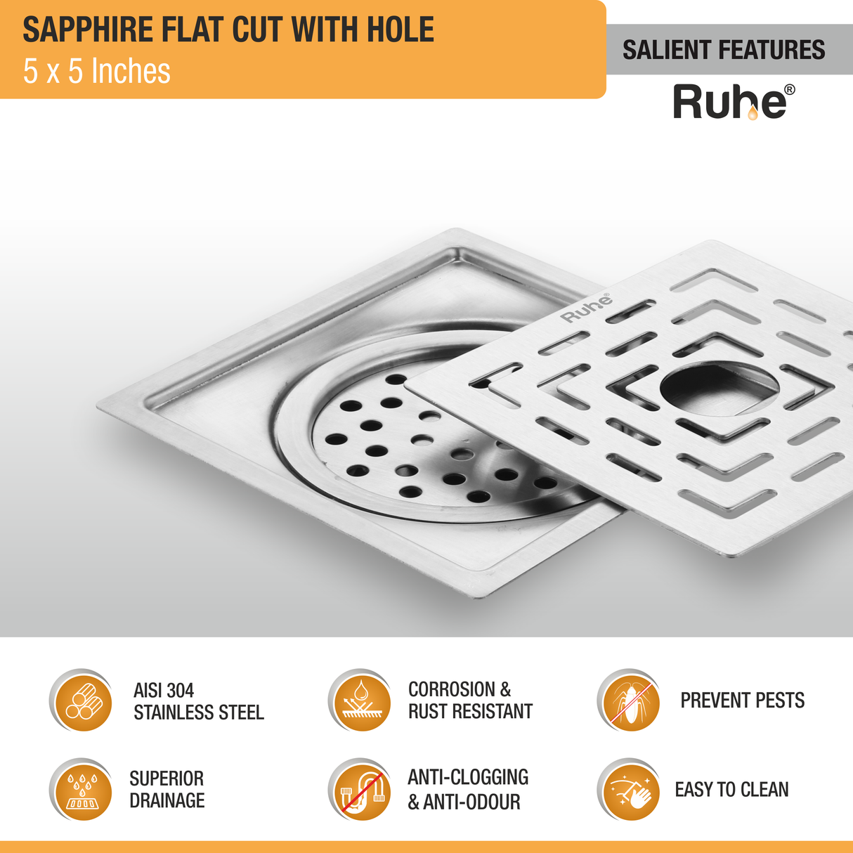 Sapphire Square Flat Cut 304-Grade Floor Drain with Hole & Cockroach Trap (5 x 5 Inches) - by Ruhe