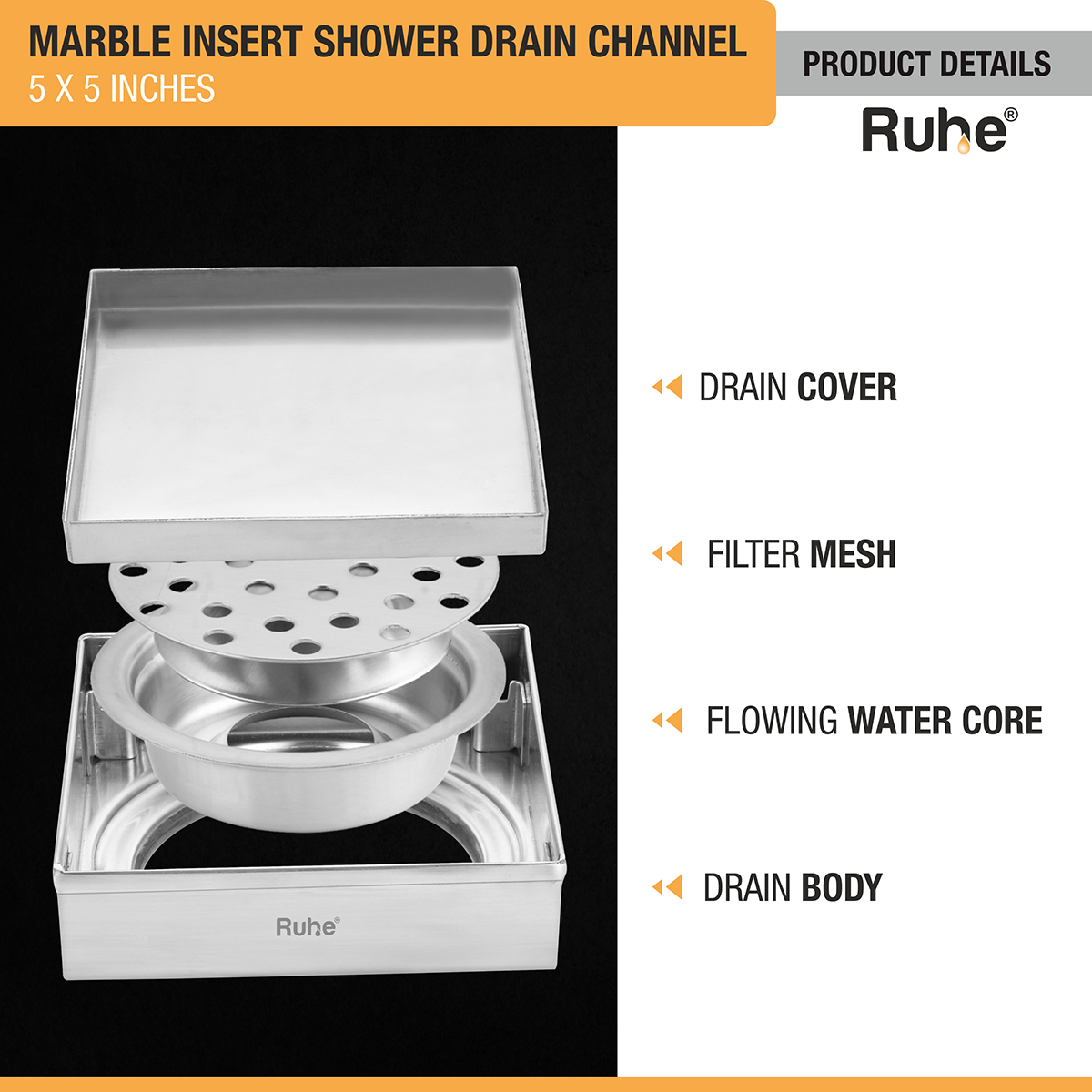 Marble Insert Shower Drain Channel (5 x 5 Inches) with Cockroach Trap (304 Grade) - by Ruhe®