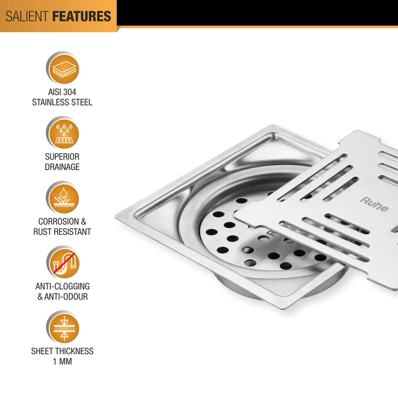 Opal Square Flat Cut 304-Grade Floor Drain with Cockroach Trap (5 x 5 Inches) - by Ruhe