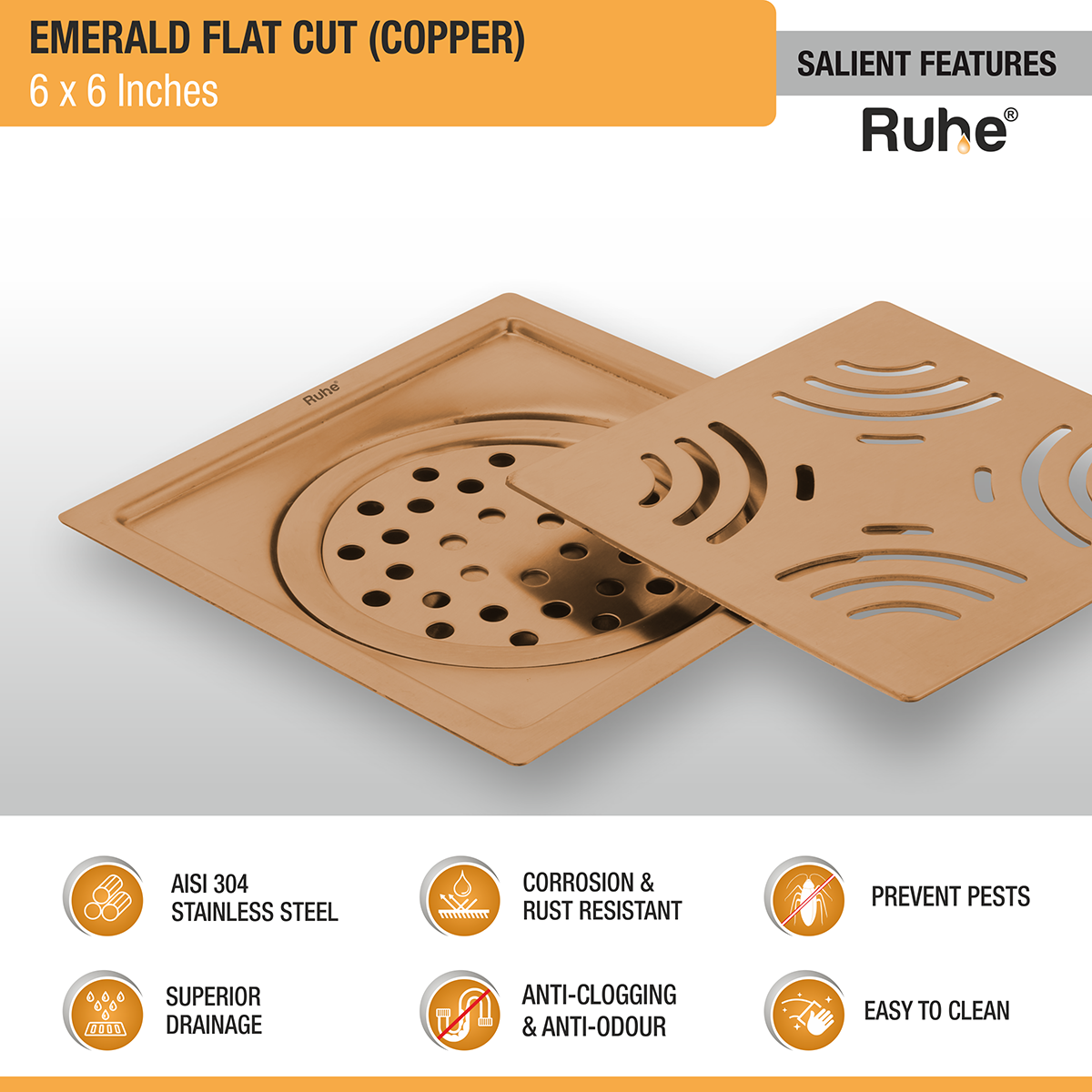 Emerald Square Flat Cut Floor Drain in Antique Copper PVD Coating (6 x 6 Inches) features