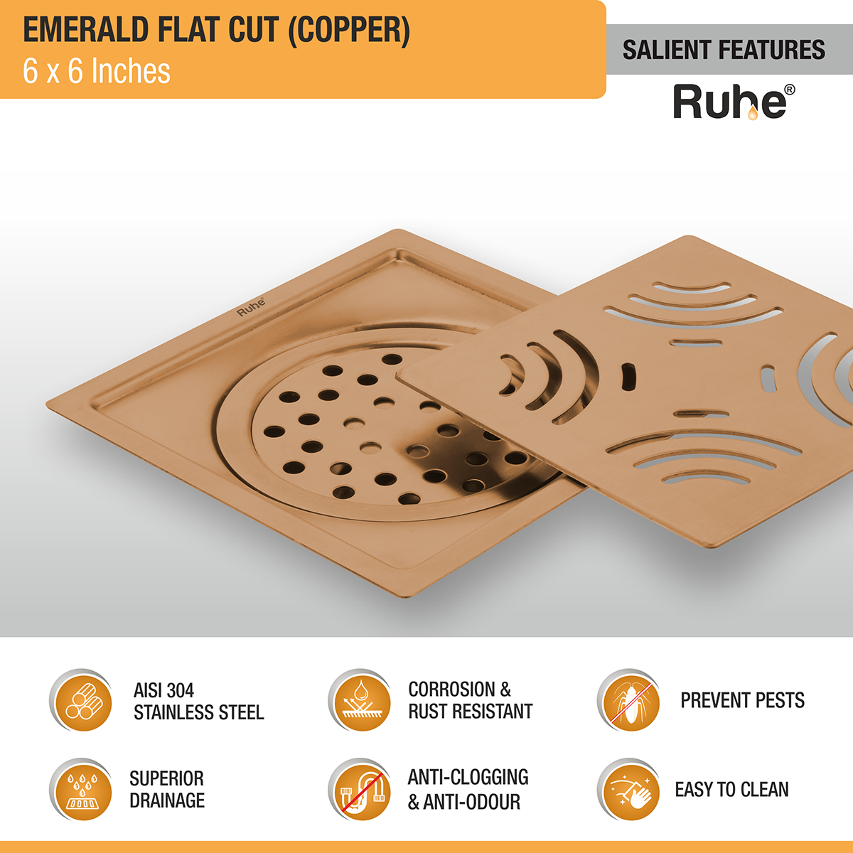 Emerald Square Flat Cut Floor Drain in Antique Copper PVD Coating (6 x 6 Inches) - by Ruhe®