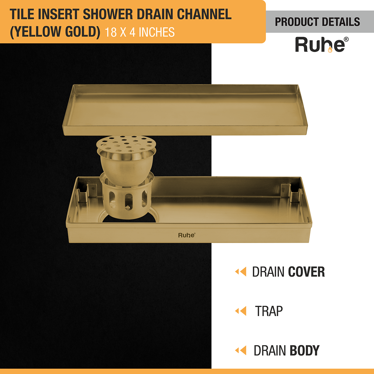 Tile Insert Shower Drain Channel (18 x 4 Inches) YELLOW GOLD PVD Coated - by Ruhe®