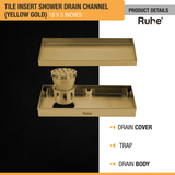 Tile Insert Shower Drain Channel (18 x 5 Inches) YELLOW GOLD PVD Coated with drain cover, insect trap, drain body