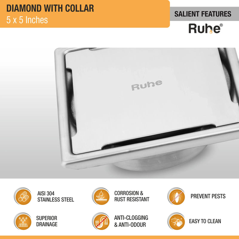 Diamond Square 304-Grade Floor Drain with Collar & Cockroach Trap (5 x 5 Inches) - by Ruhe