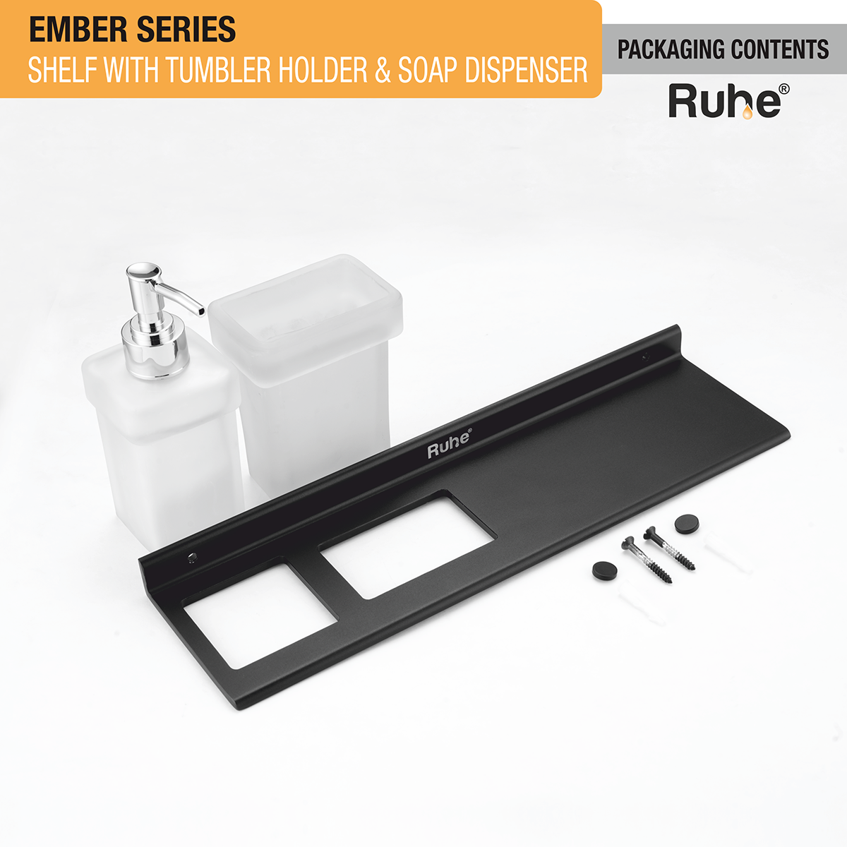 Ember Shelf with Tumbler Holder & Soap Dispenser (Space Aluminium) package content