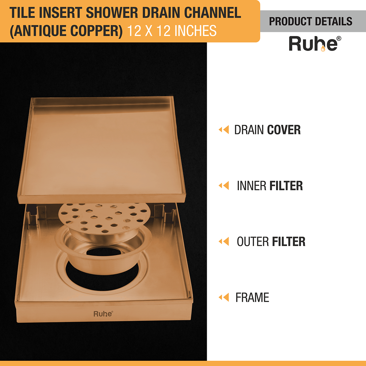 Tile Insert Shower Drain Channel (12 x 12 Inches) ROSE GOLD PVD Coated - by Ruhe®